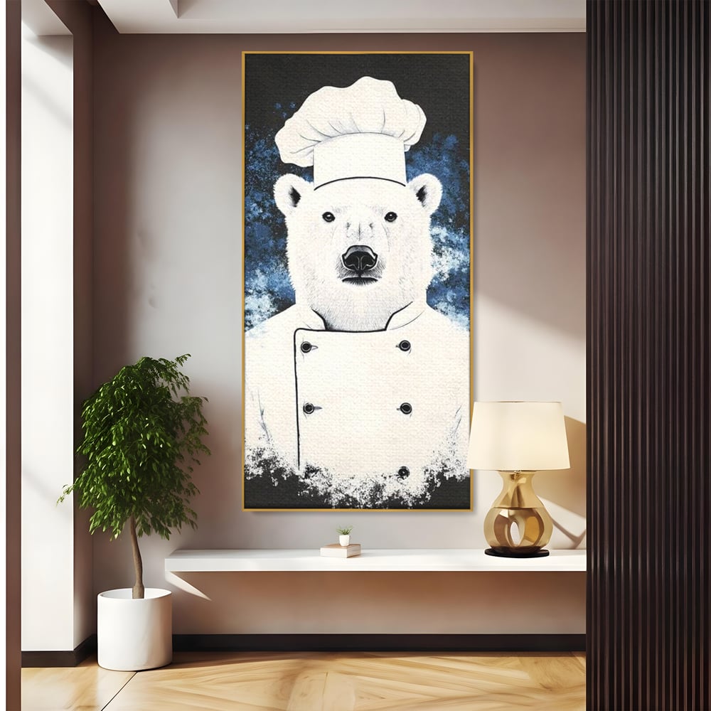 Tablou canvas cu tablou canvas cu urs polar bucatar, in rama de aluminiu auriu